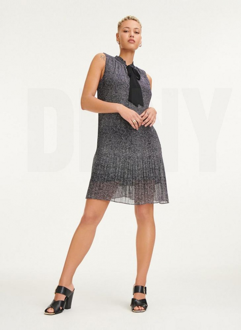 Black / White Women's DKNY Sleeveless Pleated Tie Neck Dresses | Australia-D1369