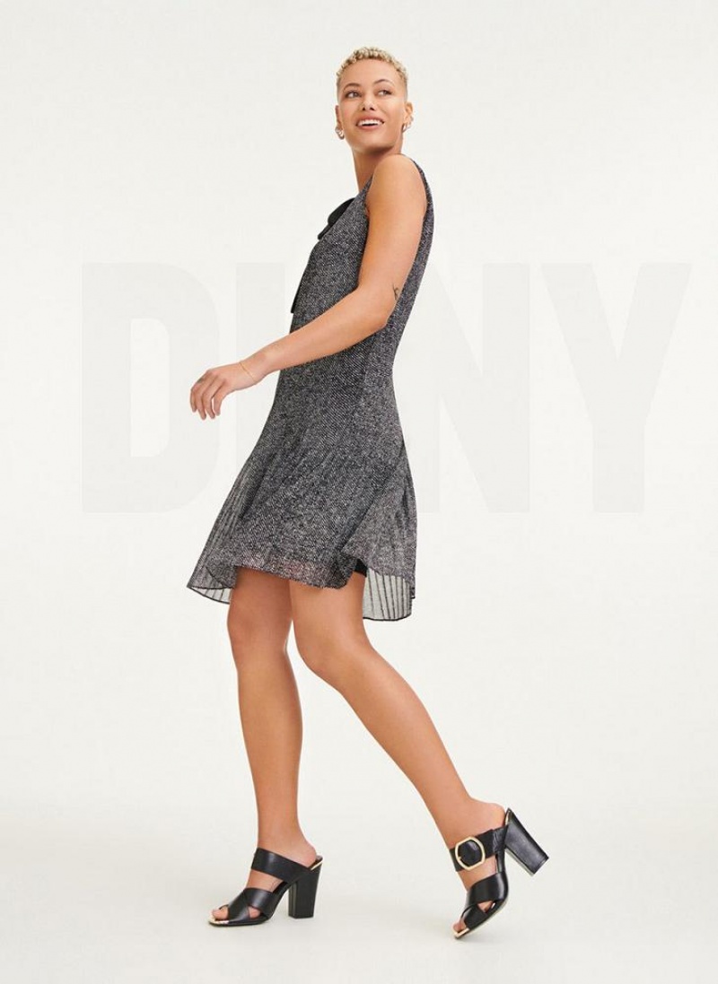 Black / White Women's DKNY Sleeveless Pleated Tie Neck Dresses | Australia-D1369