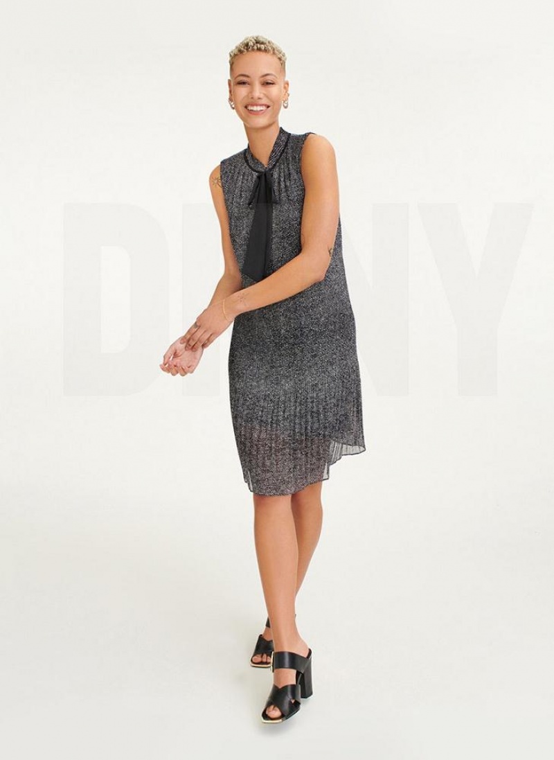 Black / White Women's DKNY Sleeveless Pleated Tie Neck Dresses | Australia-D1369