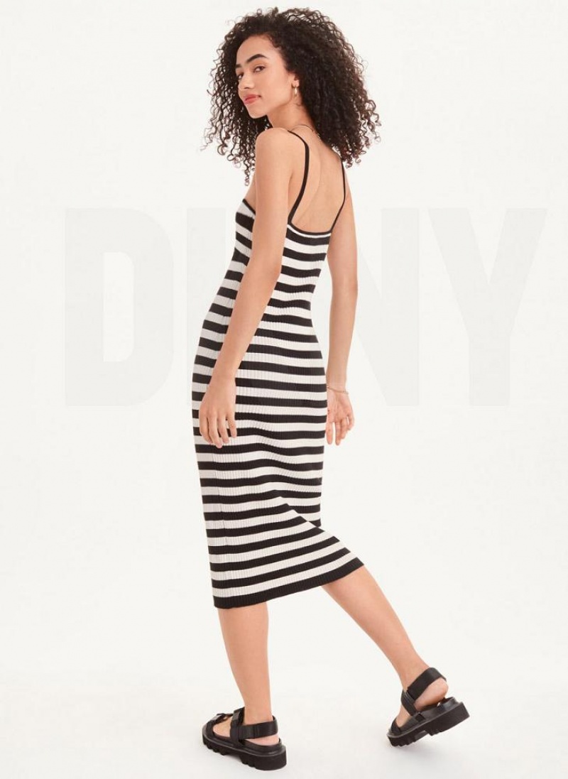 Black / White Women's DKNY Sleeveless Striped Dresses | Australia-D1651