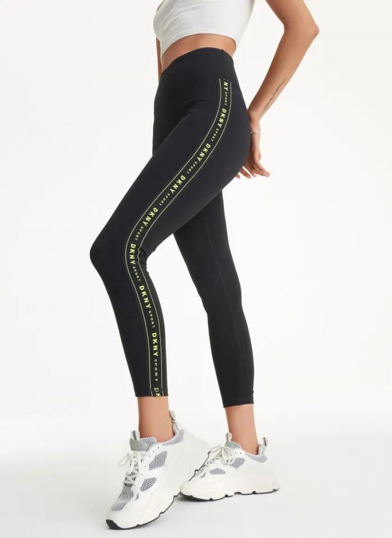 Black / Yellow Women\'s DKNY High Waist 7/8 Tight with Logo Taping Leggings | Australia-D0331