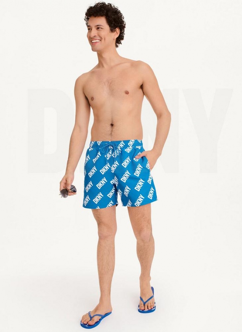 Blue Men's DKNY Allover Logo Swims Shorts | Australia-D0220