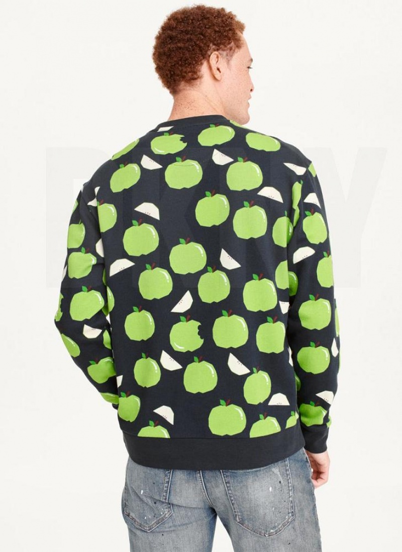 Blue Men's DKNY Apple Print Long Sleeve Crew Neck Sweatshirts | Australia-D1249