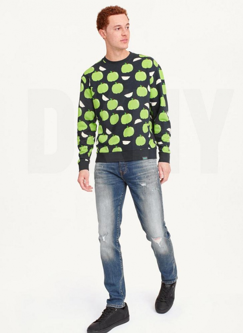 Blue Men's DKNY Apple Print Long Sleeve Crew Neck Sweatshirts | Australia-D1249
