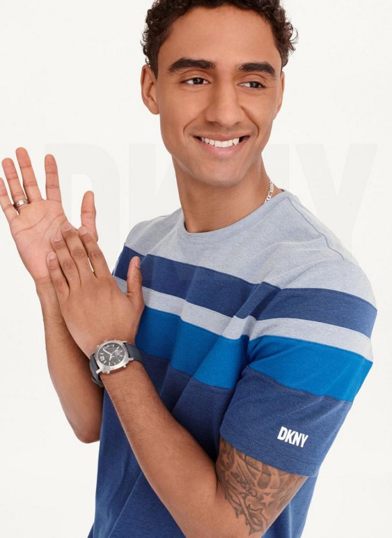 Blue Men's DKNY Block Short Sleeve Crewneck T Shirts | Australia-D1939