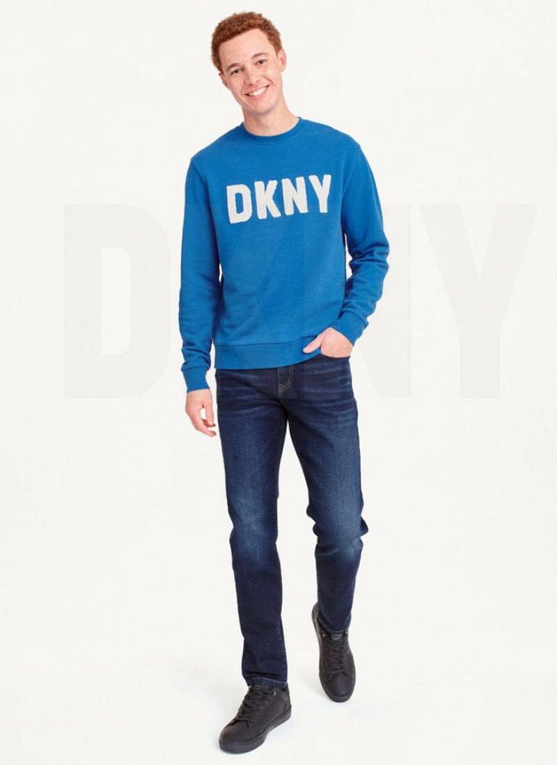 Blue Men's DKNY Chenille Logo Crewneck Sweatshirts | Australia-D1568
