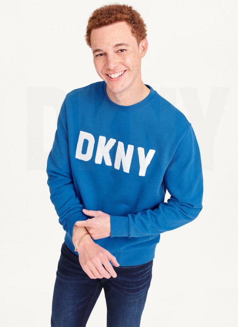 Blue Men\'s DKNY Chenille Logo Crewneck Sweatshirts | Australia-D1568