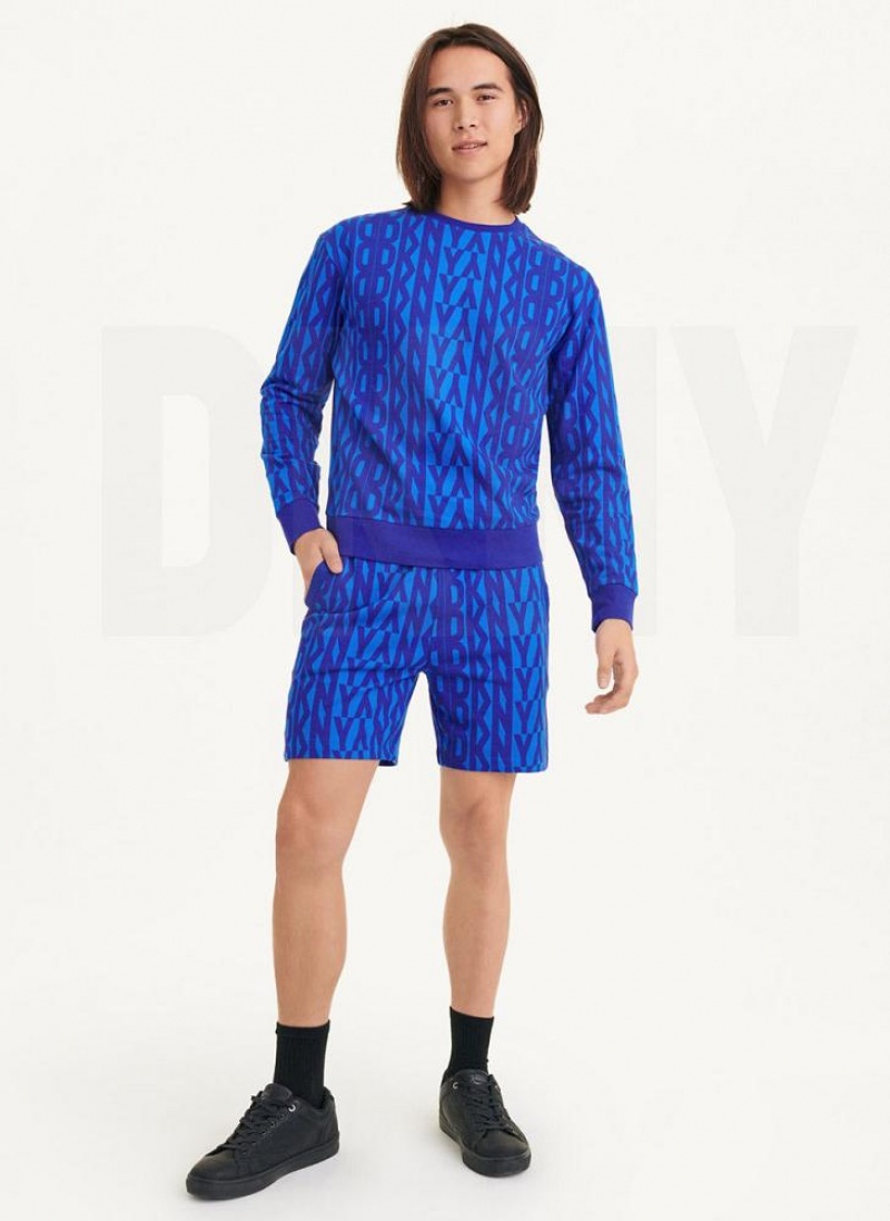 Blue Men's DKNY Exploded Allover Logo Crew Sweatshirts | Australia-D1014