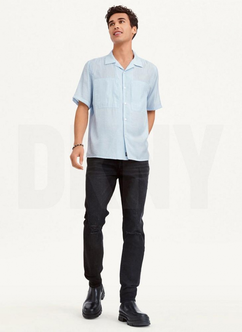 Blue Men's DKNY Imitation Silk Camp Shirts | Australia-D1000