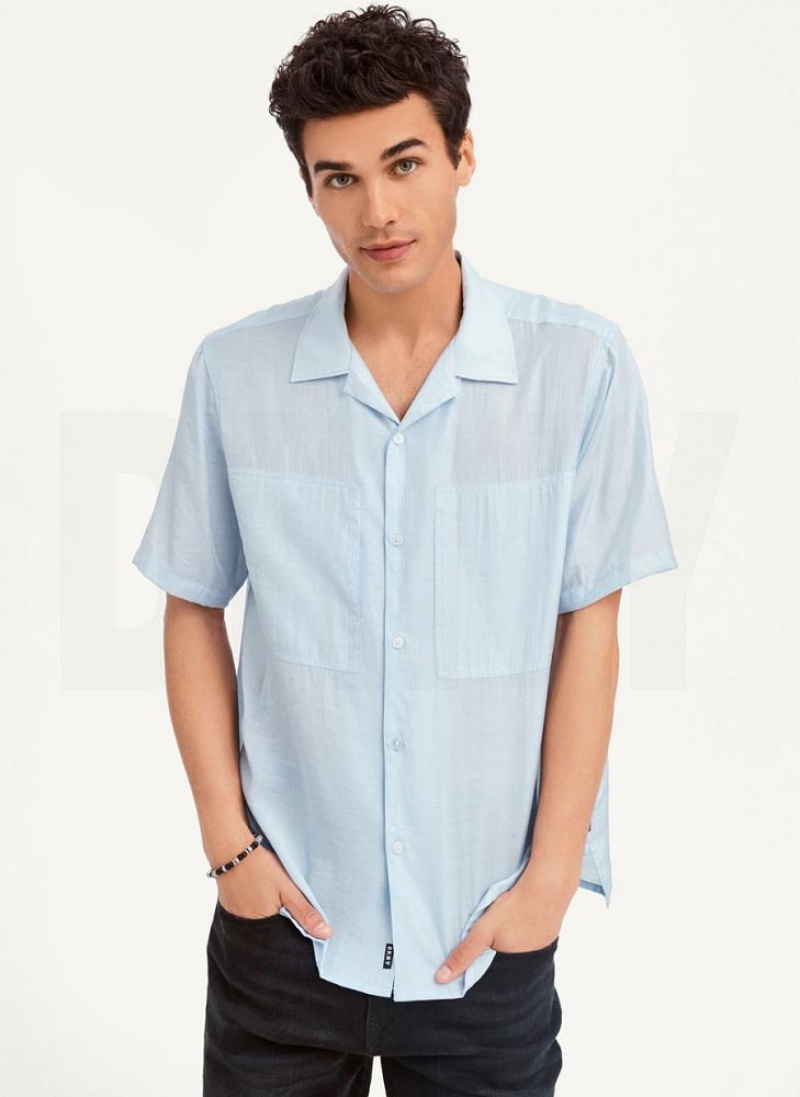 Blue Men's DKNY Imitation Silk Camp Shirts | Australia-D1000