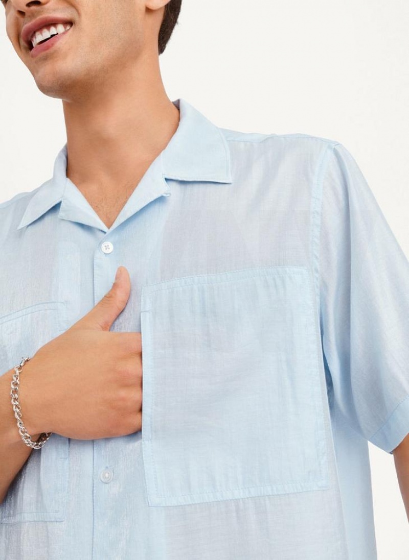 Blue Men's DKNY Imitation Silk Camp Shirts | Australia-D1000