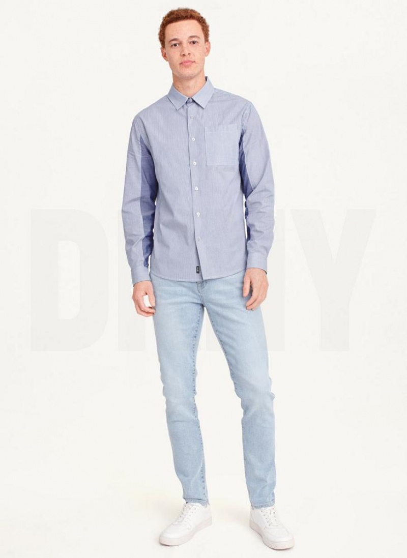 Blue Men's DKNY Long Sleeve Shirts | Australia-D0174