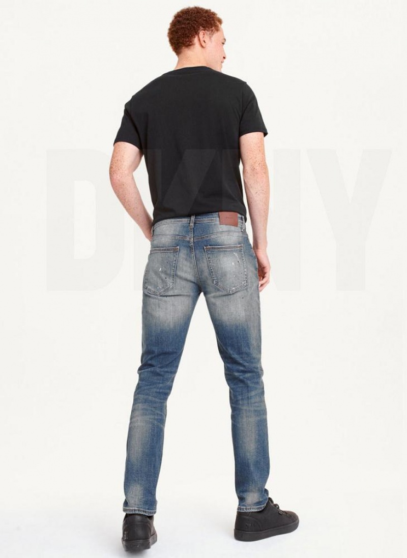Blue Men's DKNY Paint Splatter Slim Jeans | Australia-D0909
