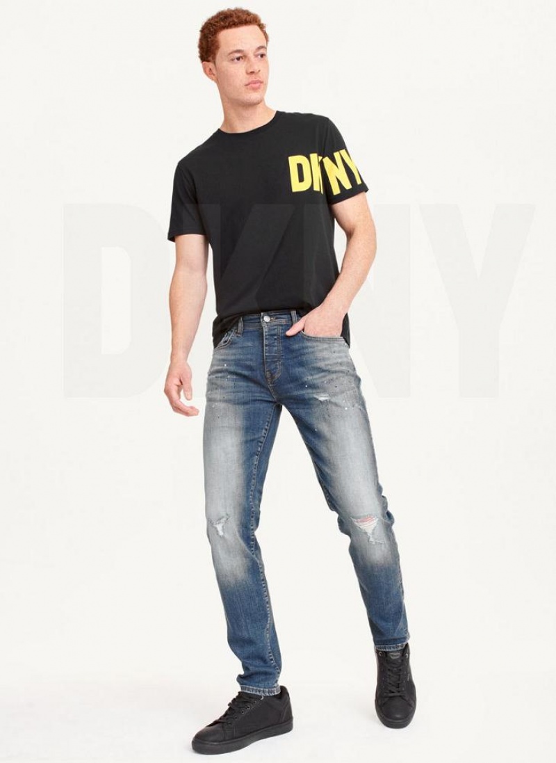 Blue Men's DKNY Paint Splatter Slim Jeans | Australia-D0909
