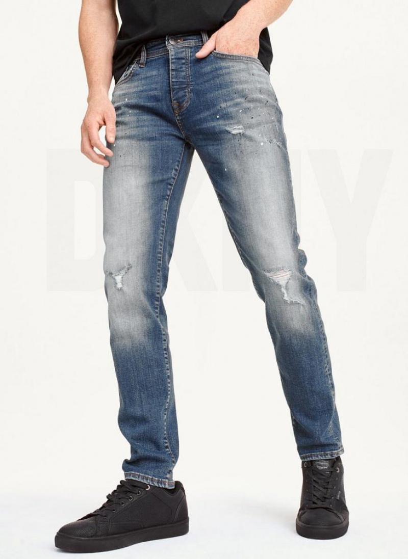 Blue Men\'s DKNY Paint Splatter Slim Jeans | Australia-D0909