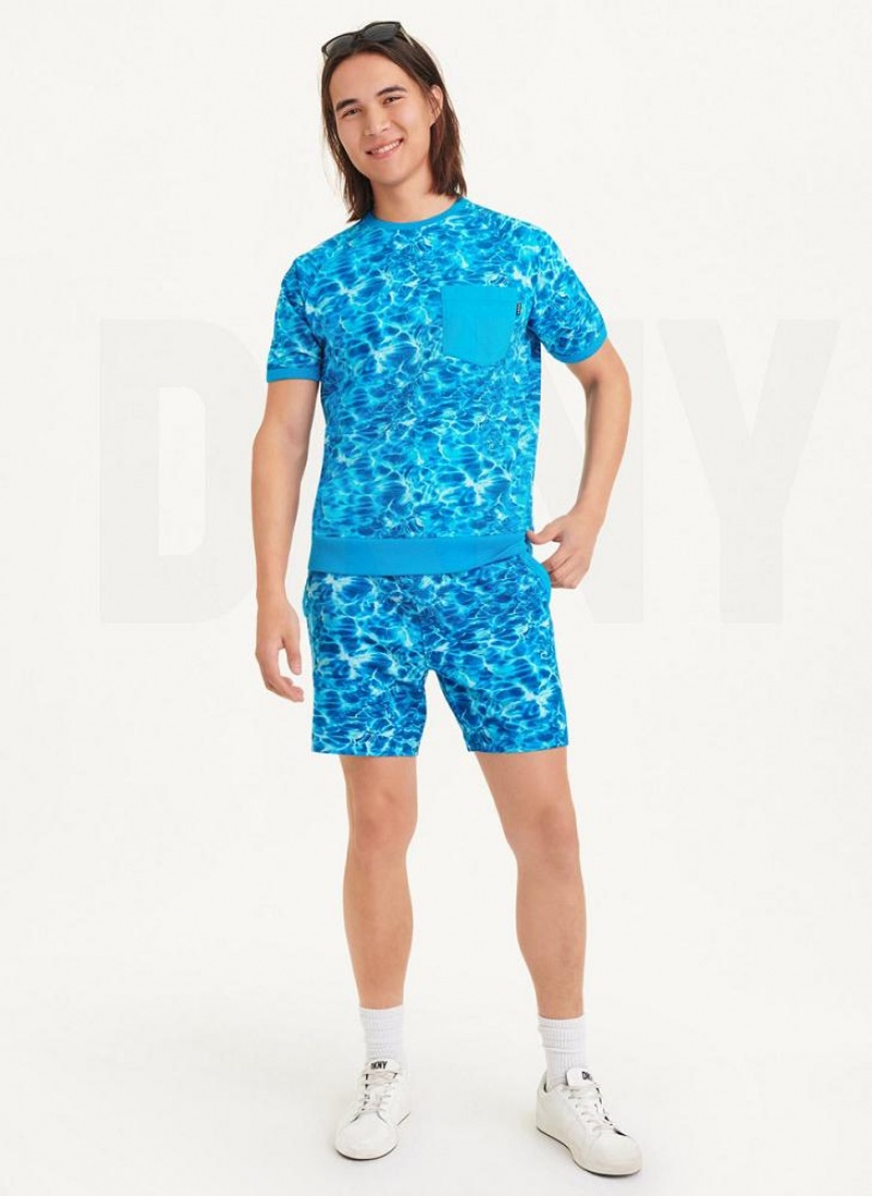 Blue Men's DKNY Water Print Crew T Shirts | Australia-D1505