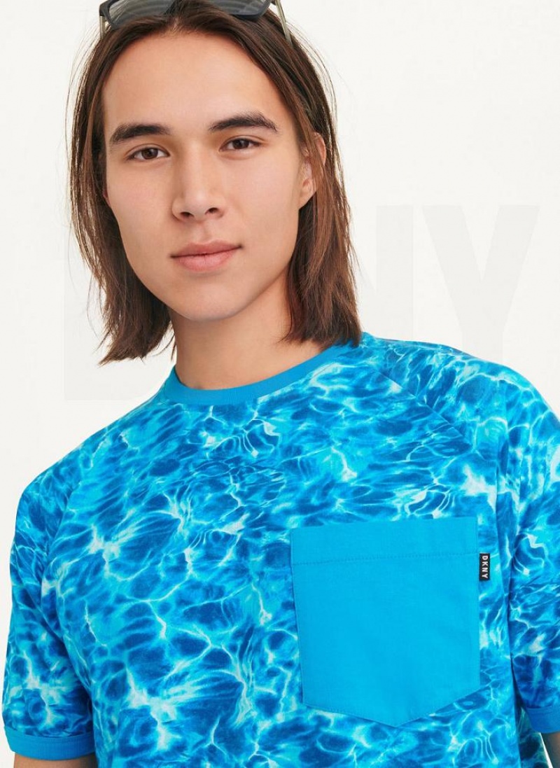 Blue Men's DKNY Water Print Crew T Shirts | Australia-D1505