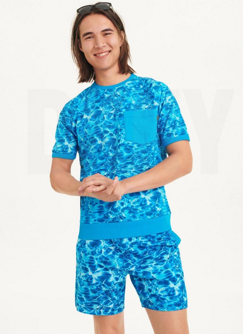 Blue Men\'s DKNY Water Print Crew T Shirts | Australia-D1505