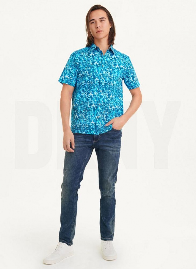 Blue Men's DKNY Water Print Shirts | Australia-D1610