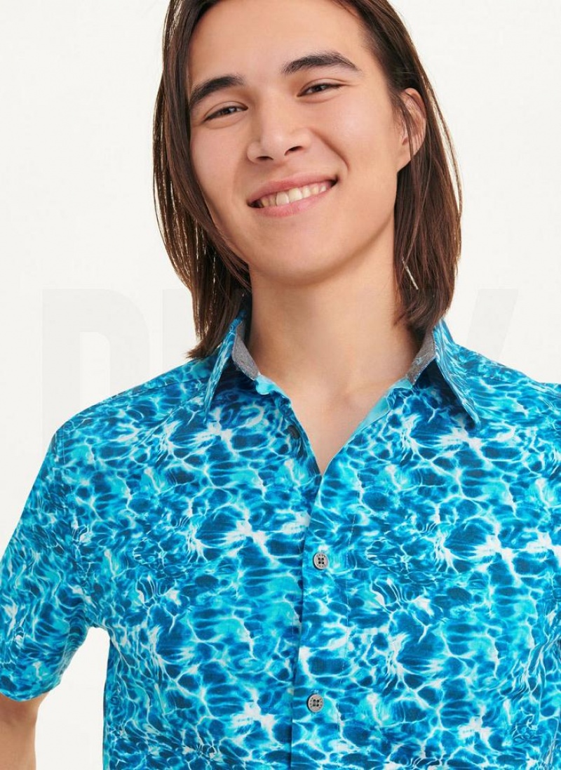 Blue Men's DKNY Water Print Shirts | Australia-D1610