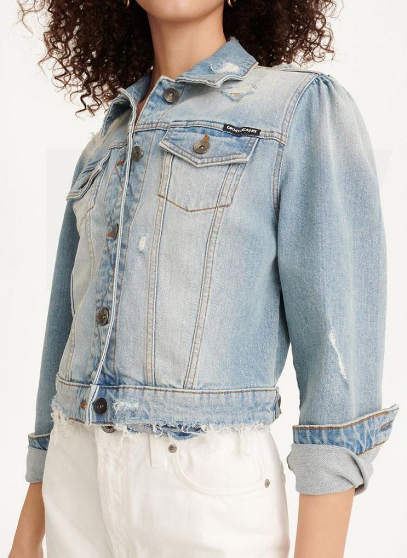 Blue Wash Women's DKNY Puff Sleeve Destruction Trucker Jackets | Australia-D0305