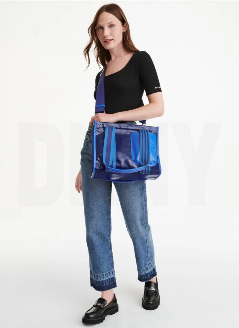 Blue Women's DKNY Prospect Coated Canvas Medium Tote Bags | Australia-D0283