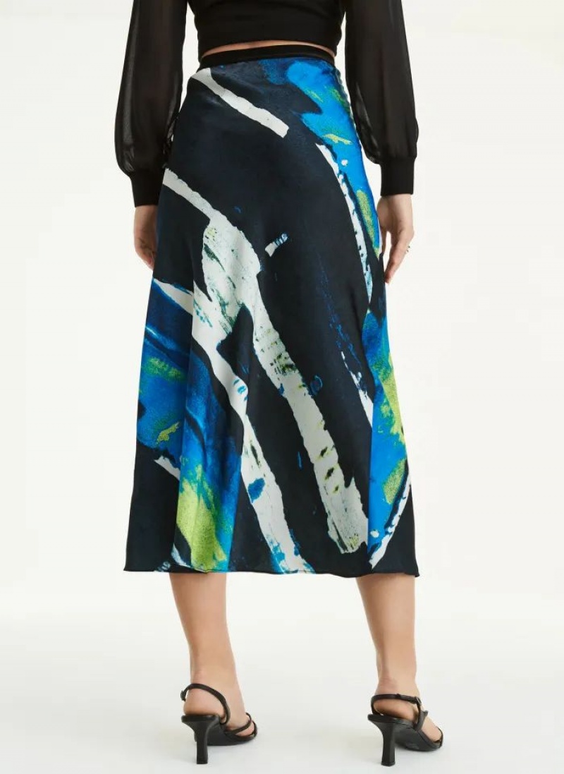 Blue Women's DKNY Pull On Print Satin Midi Skirts | Australia-D0615