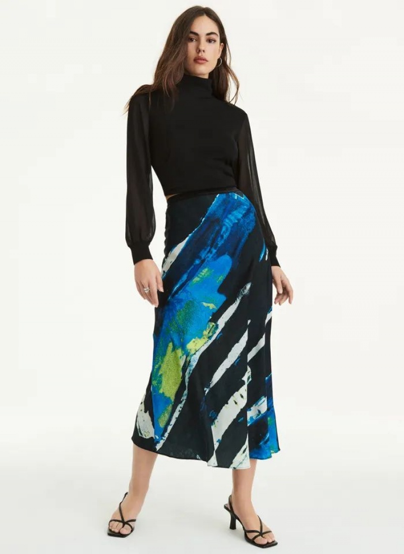 Blue Women's DKNY Pull On Print Satin Midi Skirts | Australia-D0615