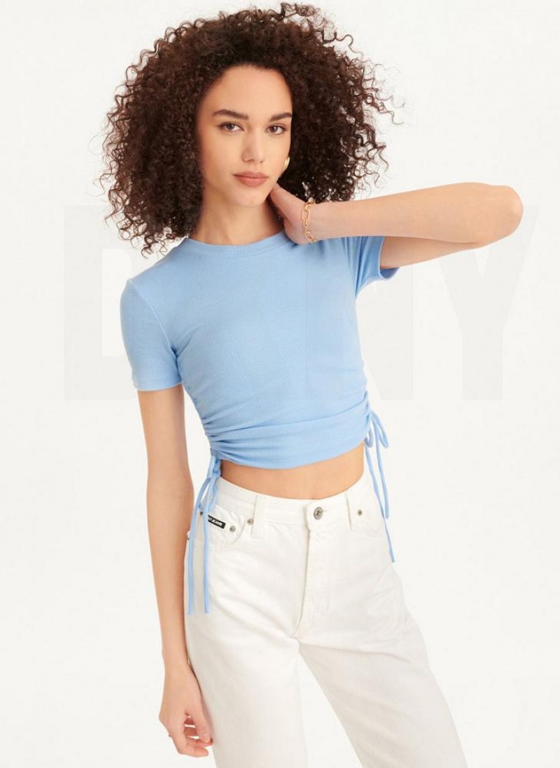 Blue Women's DKNY Short Sleeve Side Ruched T Shirts | Australia-D1818