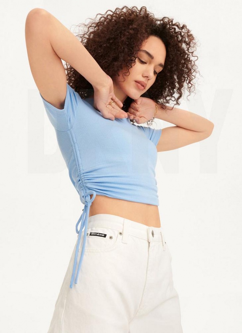 Blue Women\'s DKNY Short Sleeve Side Ruched T Shirts | Australia-D1818