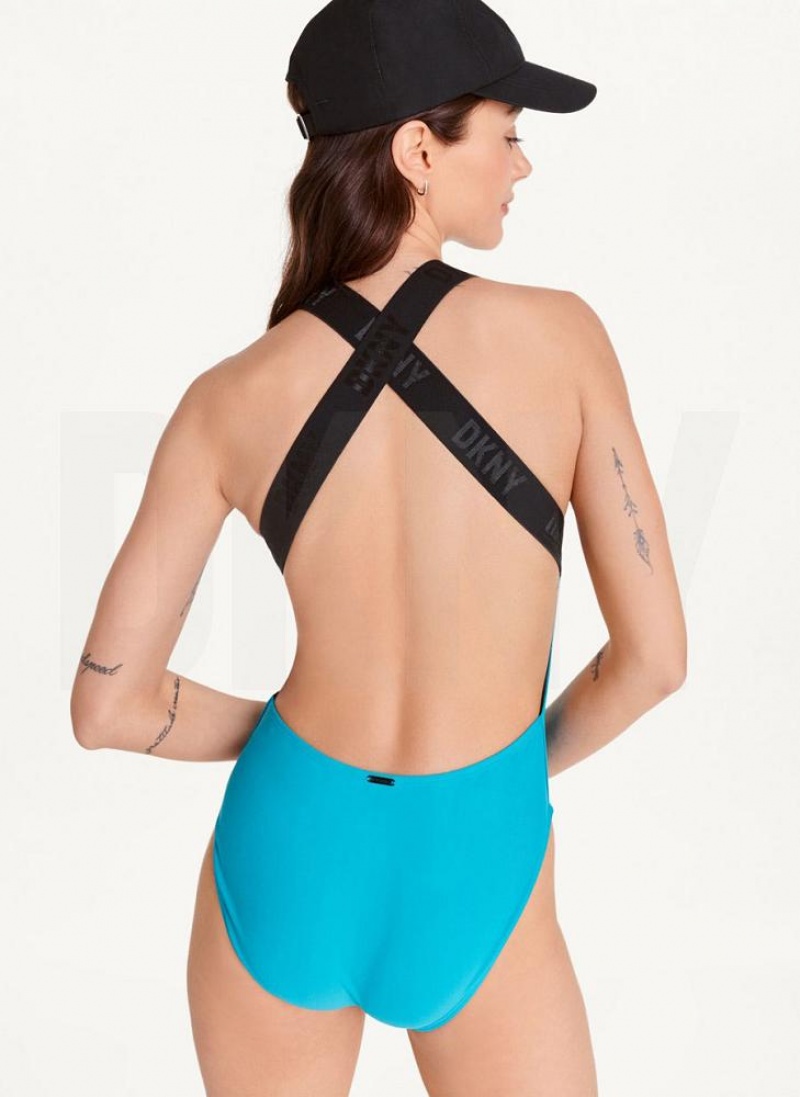 Blue Women's DKNY Square Neck One-Piece Swimsuits | Australia-D1414