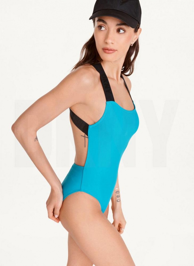 Blue Women's DKNY Square Neck One-Piece Swimsuits | Australia-D1414