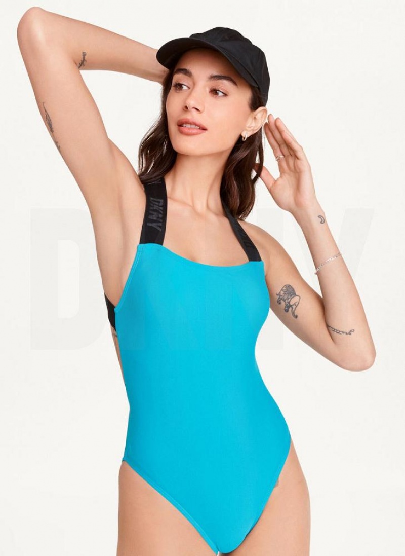 Blue Women\'s DKNY Square Neck One-Piece Swimsuits | Australia-D1414