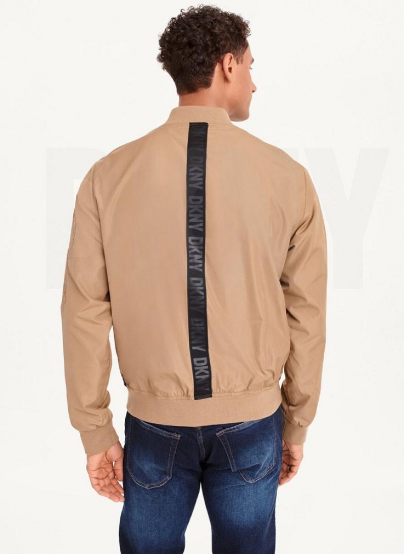 Brown Men's DKNY Logo Tape Bomber Jackets | Australia-D0835