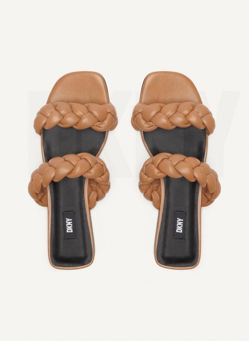 Brown Women's DKNY Braided Double Strap Slides | Australia-D1860