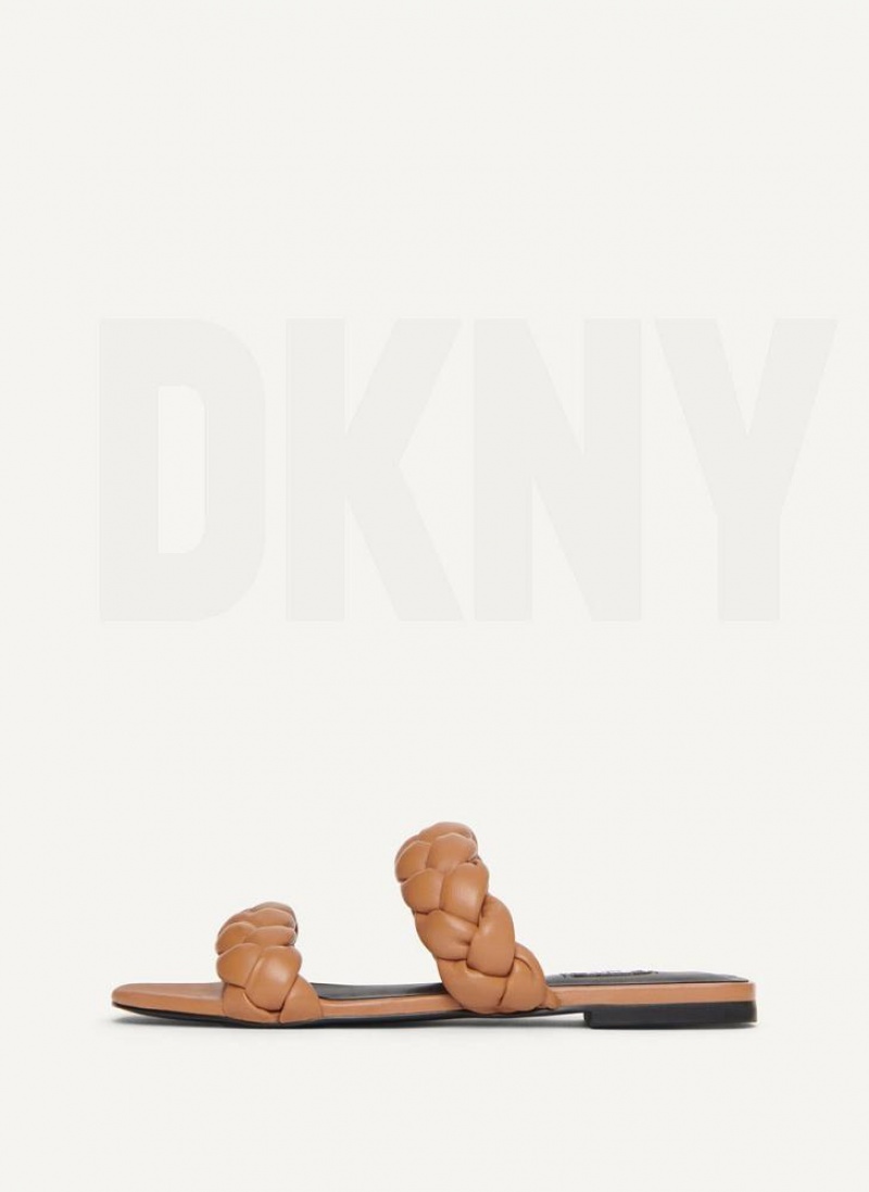 Brown Women\'s DKNY Braided Double Strap Slides | Australia-D1860