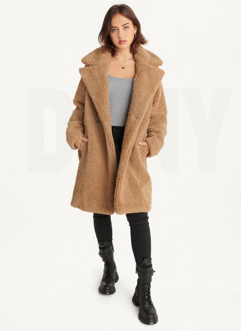 Brown Women's DKNY Oversized Long Sherpa Coats | Australia-D1606