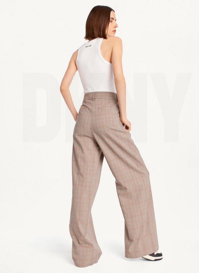 Brown Women's DKNY Plaid Wide Leg Pants | Australia-D0864