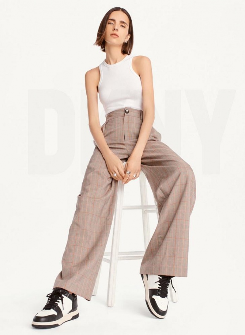 Brown Women's DKNY Plaid Wide Leg Pants | Australia-D0864