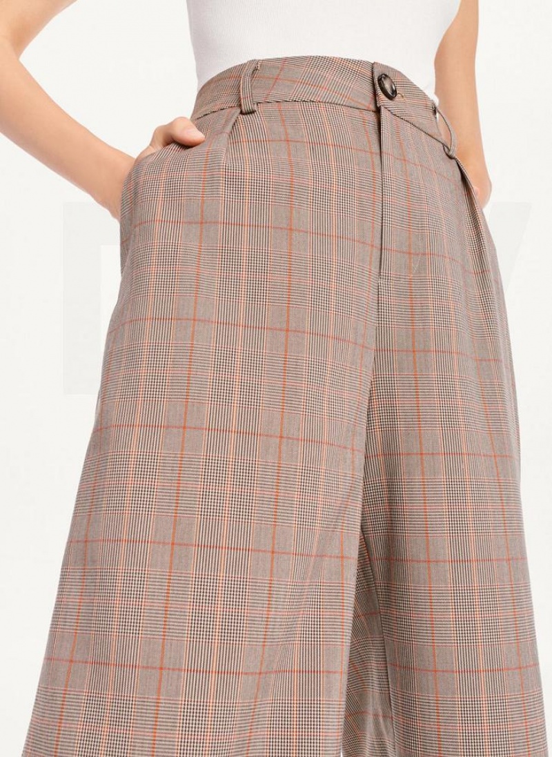 Brown Women's DKNY Plaid Wide Leg Pants | Australia-D0864