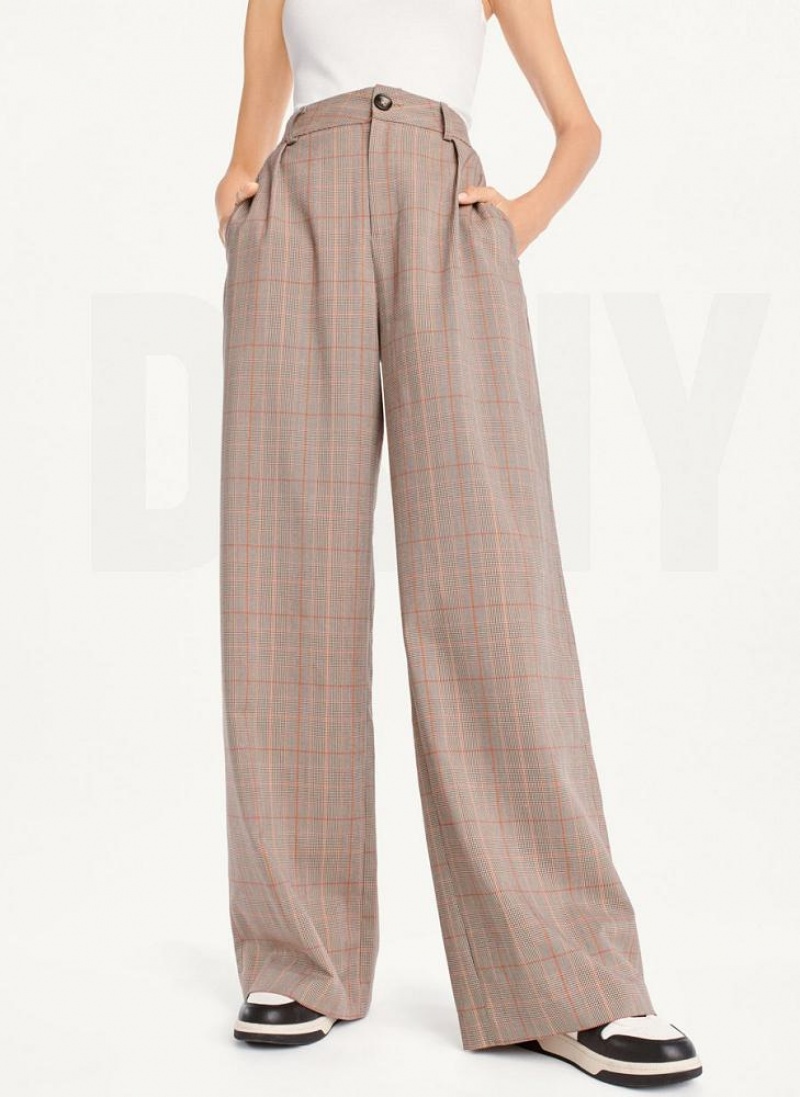 Brown Women\'s DKNY Plaid Wide Leg Pants | Australia-D0864