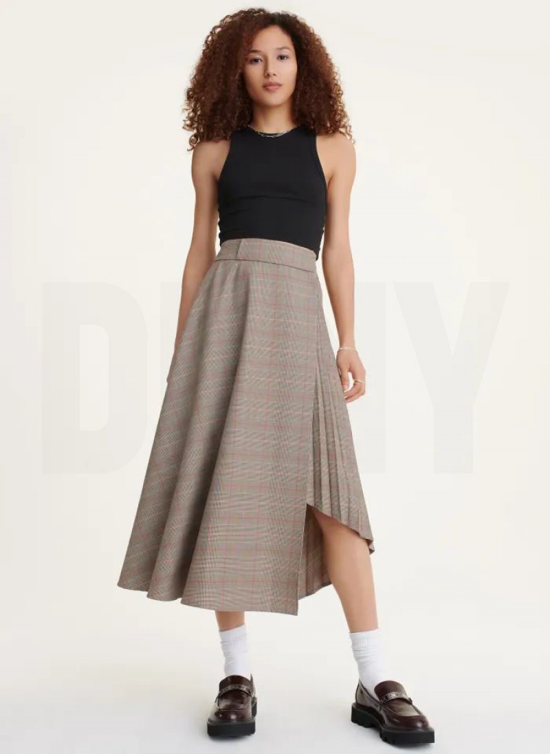 Brown Women's DKNY Pleated Wrap Midi Skirts | Australia-D0301