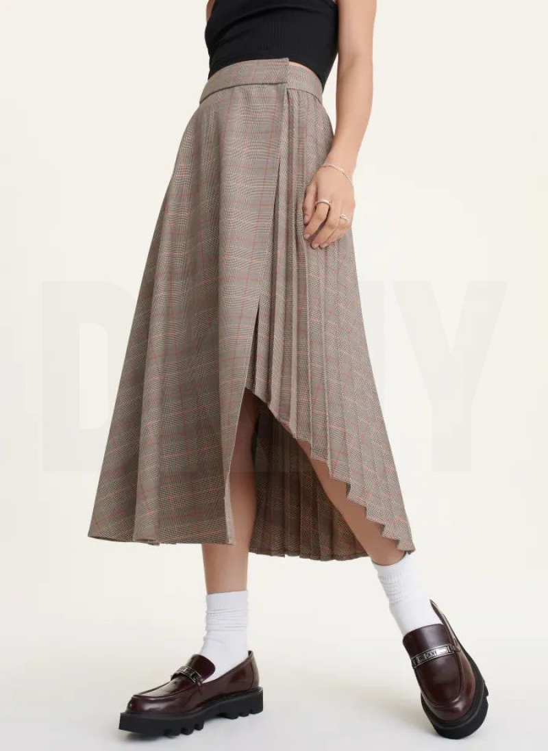 Brown Women\'s DKNY Pleated Wrap Midi Skirts | Australia-D0301