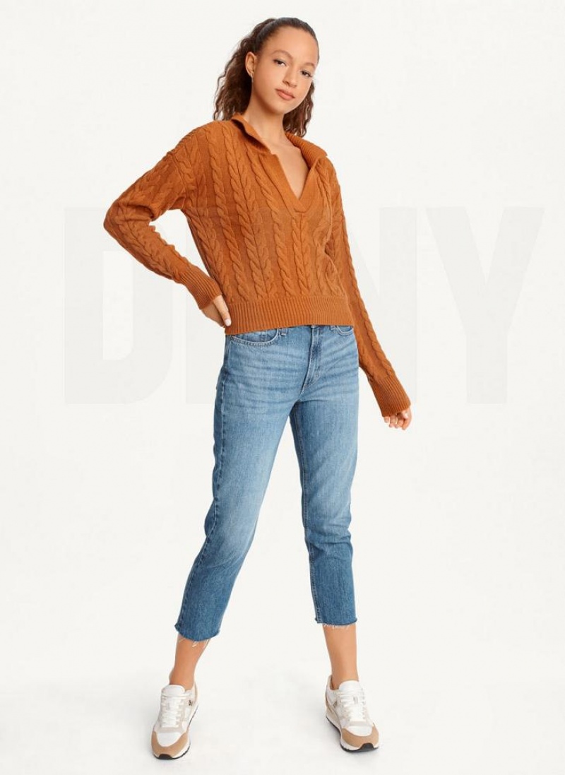 Brown Women's DKNY Polo Cable knit Sweaters | Australia-D1483