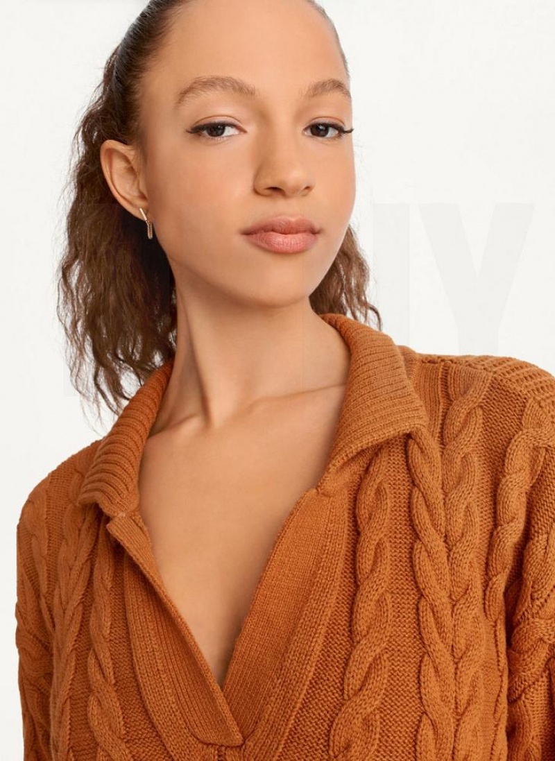 Brown Women's DKNY Polo Cable knit Sweaters | Australia-D1483