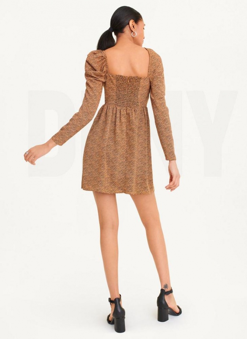 Brown Women's DKNY Printed V-Neck Dresses | Australia-D1867