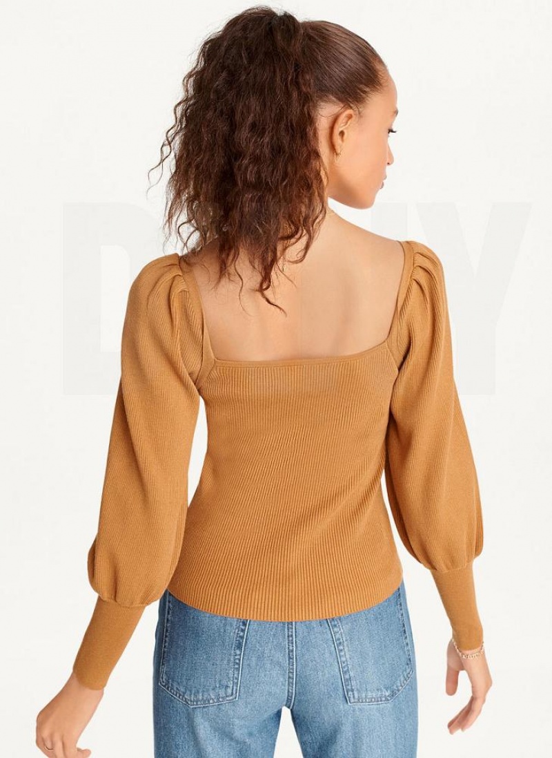 Brown Women's DKNY Puff-Sleeve Sweatheart Sweaters | Australia-D1103