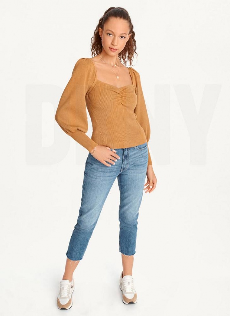 Brown Women's DKNY Puff-Sleeve Sweatheart Sweaters | Australia-D1103