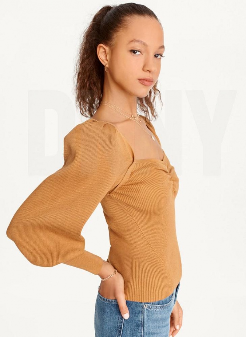 Brown Women's DKNY Puff-Sleeve Sweatheart Sweaters | Australia-D1103