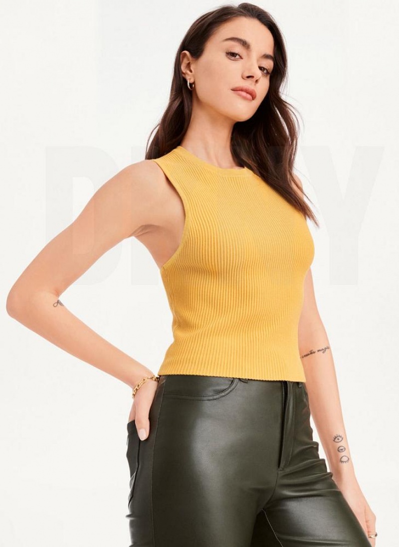 Brown Women's DKNY Sleeveless Crewneck Crop Sweater Tank Tops | Australia-D0746
